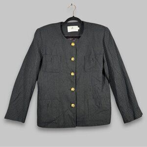Vintage Devonshire Cream Gold Buttons Wool Houndstooth Boxy Blazer Size 14